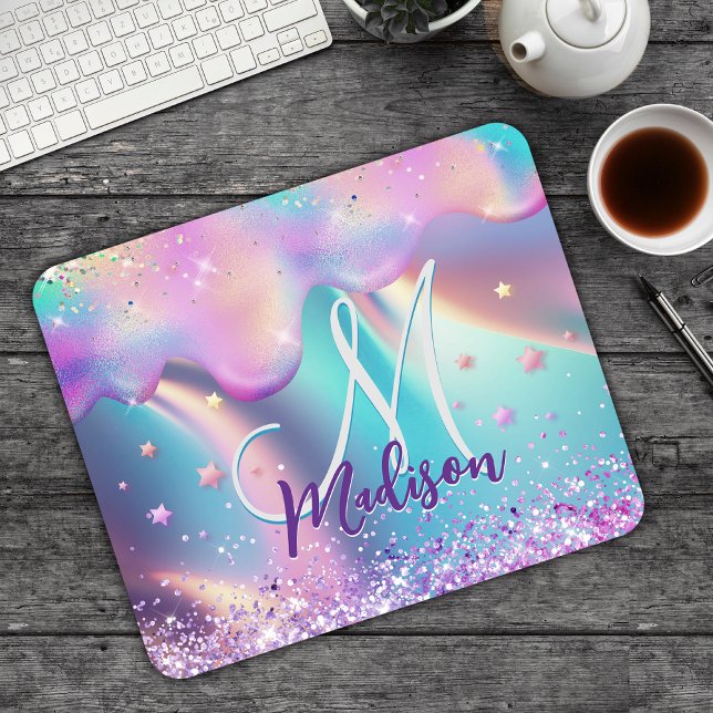 Chic holographic unicorn dripping glitter monogram mouse pad (Creator Uploaded)