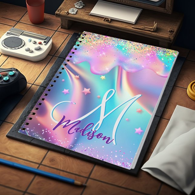 Chic holographic unicorn dripping glitter monogram notebook (Creator Uploaded)