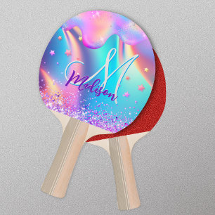 Chic holographic unicorn dripping glitter monogram ping pong paddle