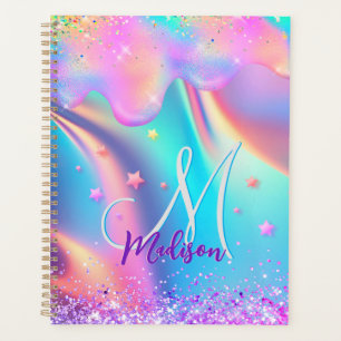Chic holographic unicorn dripping glitter monogram planner