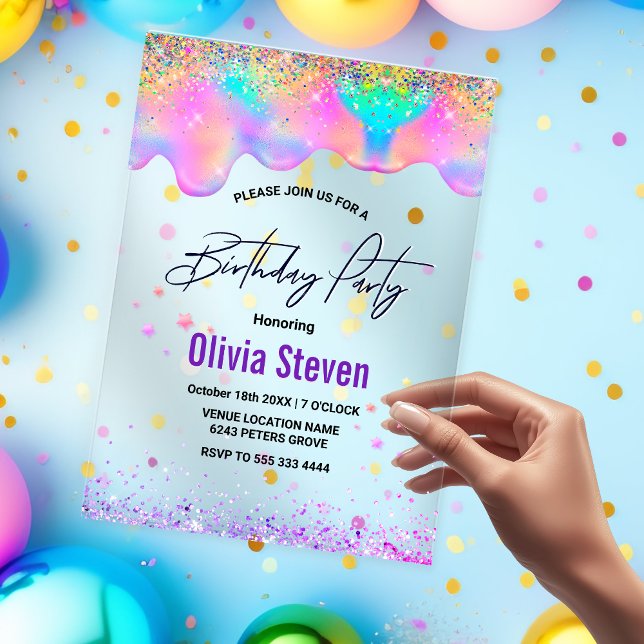 Chic holographic unicorn drips birthday monogram acrylic invitations (Creator Uploaded)