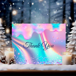 Chic holographic unicorn drips glitter thank you card