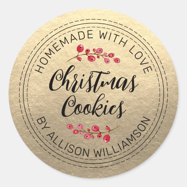 Chic Homemade Christmas Cranberry Cookies Gold Classic Round Sticker (Front)