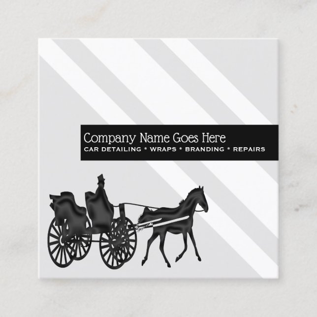 Chic horse drawn carriage grey white stripe formal square business card (Front)