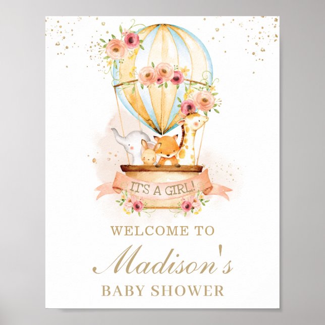 Chic Hot Air Balloon Baby Shower Animals Welcome Poster (Front)