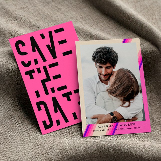 Chic Hot Pink 70s Retro Typography Stripes Wedding Save The Date (Front / Back)