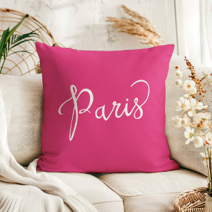 Chic Hot Pink and White Paris Typography Cushion