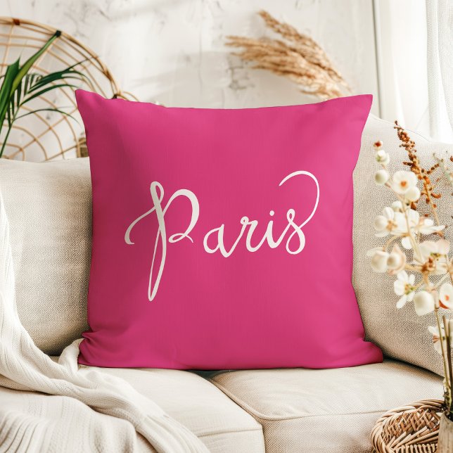 Chic Hot Pink and White Paris Typography Cushion (Creator Uploaded)