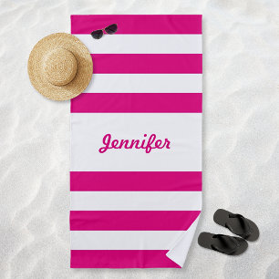 Chic Hot Pink and White Stripes Personalised Beach Towel