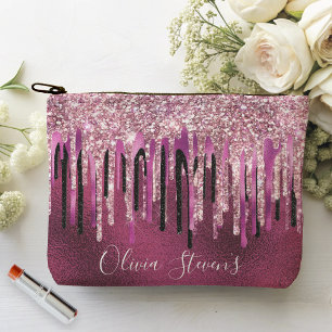 Chic hot pink black drippings glitter monogram accessory pouch