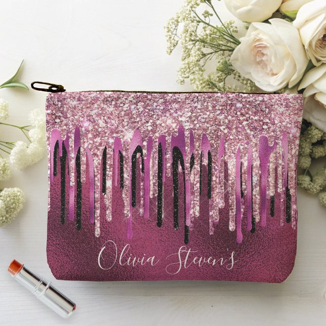 Chic hot pink black drippings glitter monogram accessory pouch (Creator Uploaded)