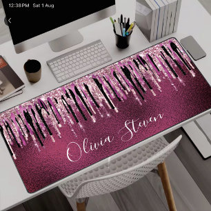 Chic hot pink black drippings glitter monogram desk mat