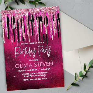 Chic hot pink black drippings glitter monogram invitation