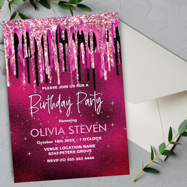 Chic hot pink black drippings glitter monogram invitation (Creator Uploaded)