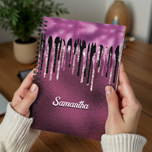 Chic hot pink black drippings glitter monogram notebook
