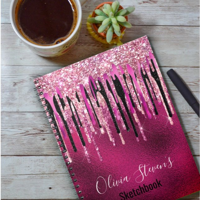 Chic hot pink black drippings glitter monogram notebook (Creator Uploaded)