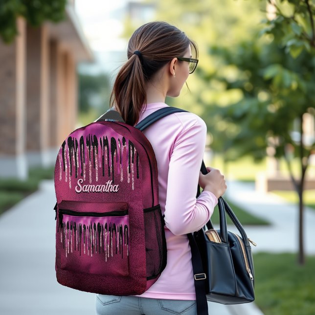 Chic hot pink black drippings glitter monogram printed backpack (Creator Uploaded)