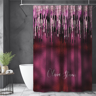 Chic hot pink black drippings glitter monogram shower curtain