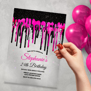 Chic hot pink black glitter drips birthday  acrylic invitations