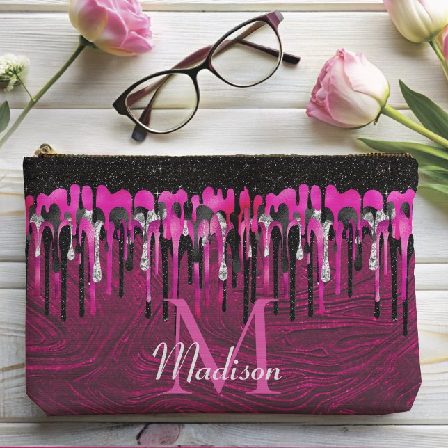 Chic hot pink black glitter drips monogram accessory pouch (Creator Uploaded)