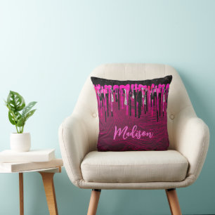 Chic hot pink black glitter drips monogram cushion
