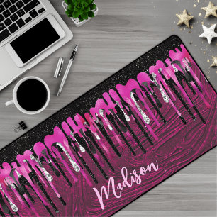 Chic hot pink black glitter drips monogram desk mat