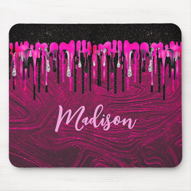 Chic hot pink black glitter drips monogram mouse pad (Front)
