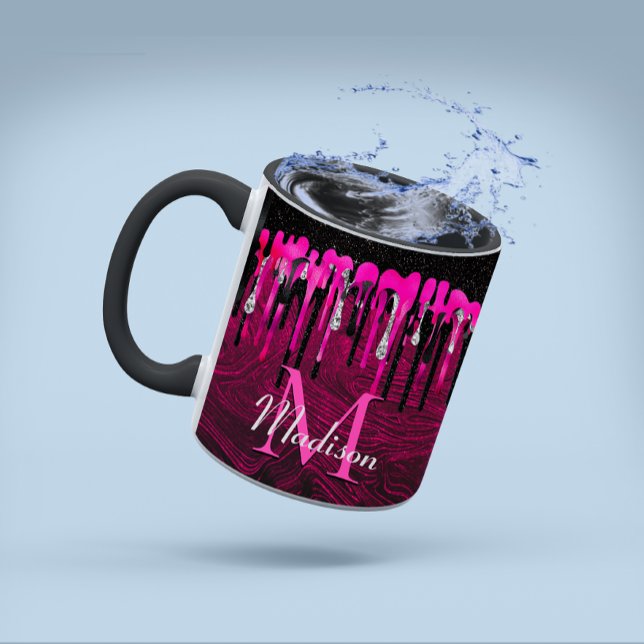 Chic hot pink black glitter drips monogram mug (Creator Uploaded)