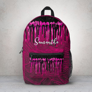 Chic hot pink black glitter drips monogram printed backpack