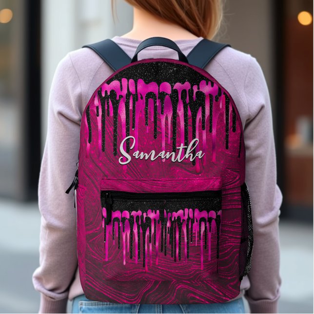 Chic hot pink black glitter drips monogram printed backpack (Creator Uploaded)