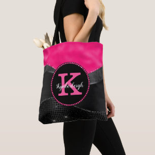 Chic Hot Pink Black Grey Waves Glam Monogram Name Tote Bag