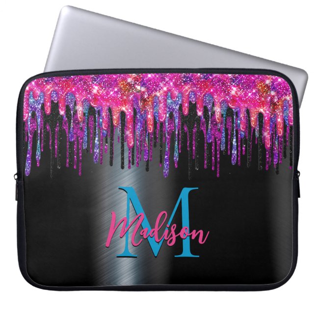 Chic hot pink blue black glitter dripping monogram laptop sleeve (Front)