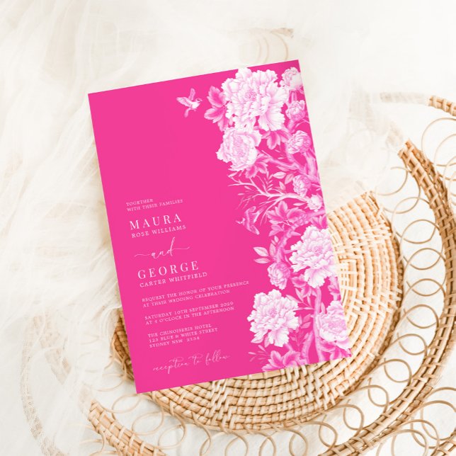 Chic Hot Pink Chinoiserie Flower Garden Wedding Invitation (Creator Uploaded)