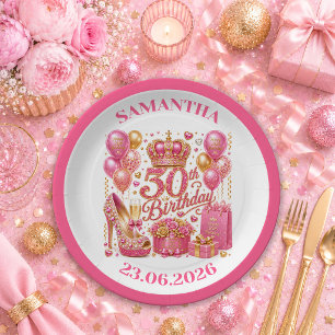 Chic Hot Pink Confetti 30th Birthday Paper Plates