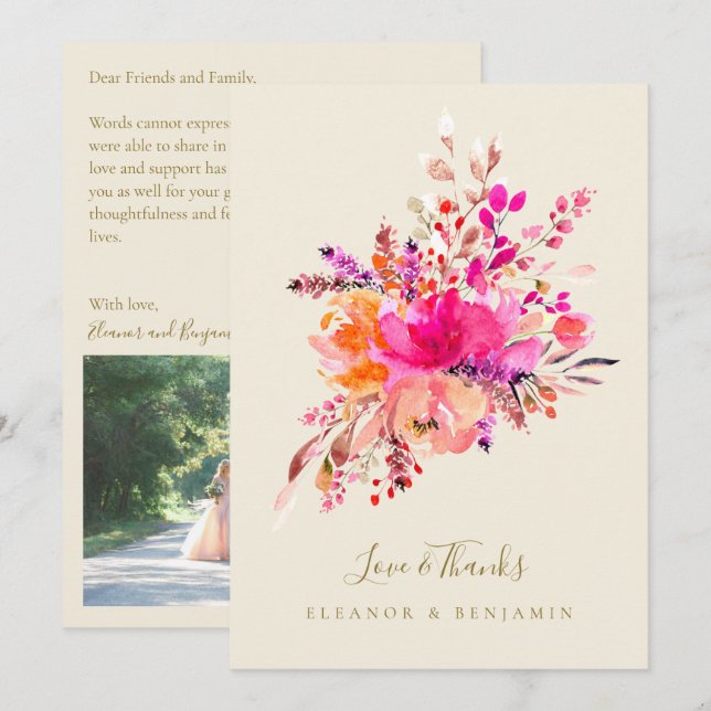 Chic Hot Pink Floral Wedding Photo Custom Message Thank You Card (Front/Back)