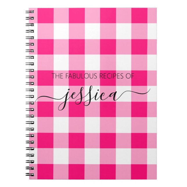 Chic hot pink gingham script name recipe notebook (Front)