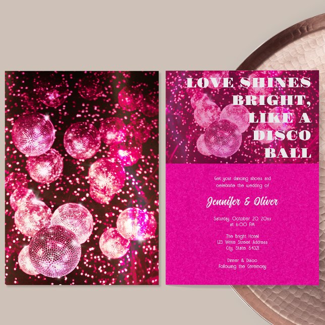 Chic Hot Pink Glitters Retro Disco Ball Wedding Invitation (Front and Back)