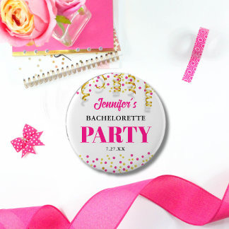 Chic Hot Pink & Gold Dots Bachelorette Party 6 Cm Round Badge