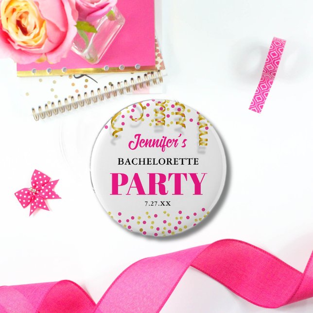 Chic Hot Pink & Gold Dots Bachelorette Party 6 Cm Round Badge (Creator Uploaded)