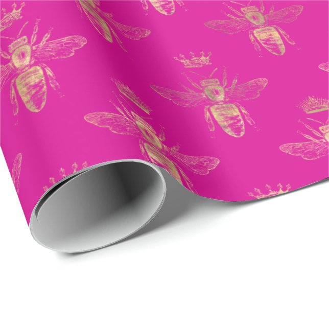 Chic Hot Pink Gold Queen Bee Pattern  Wrapping Paper (Roll Corner)