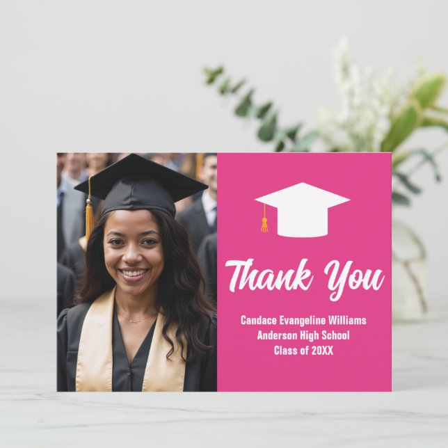 Chic Hot Pink Graduation Photo Custom Thank You Card (Standing Front)
