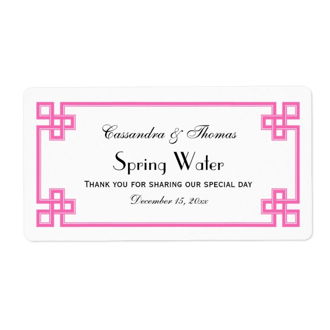 Chic Hot Pink Greek Key Frame H Water Bottle Label (Front)