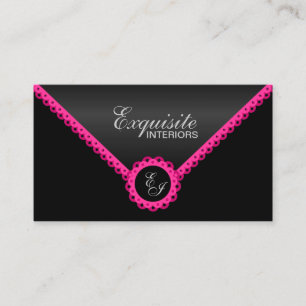 Chic Hot Pink Lace and Black Shimmer Look Monogram Business Card