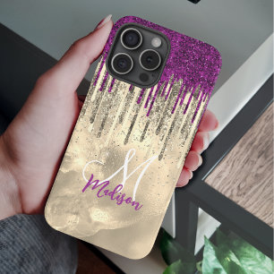 Chic hot pink purple glitter gold drips monogram iPhone 16 pro case