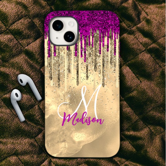 Chic hot pink purple glitter gold drips monogram Case-Mate iPhone case (Creator Uploaded)
