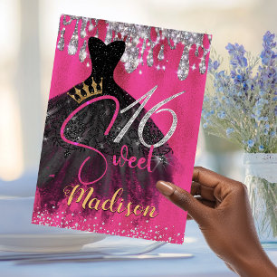 Chic hot pink silver glitter drips sweet 16 invitation