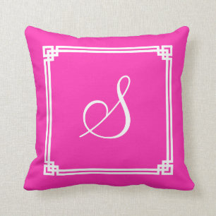 Chic Hot Pink Square Notched Border Monogrammed Cushion