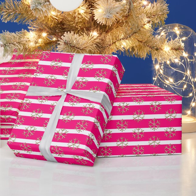 Chic hot pink white gold stripes and snowflakes wrapping paper (Holidays)