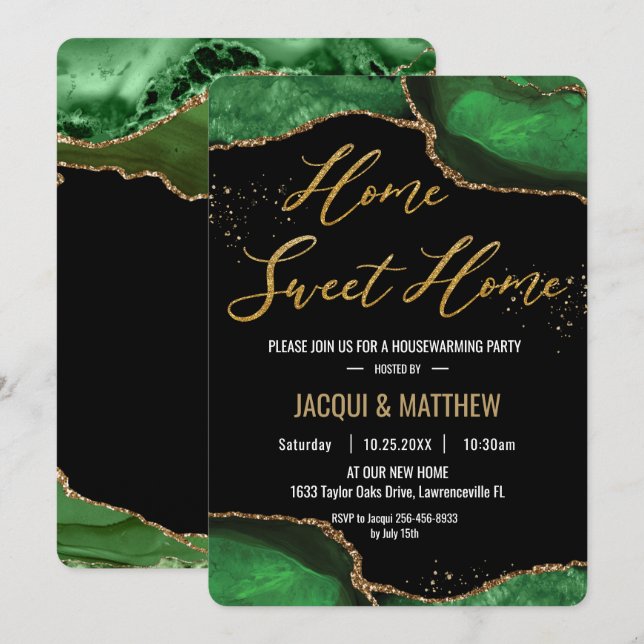 Chic Housewarming Party Emerald Green Agate Marble Invitation (Front/Back)