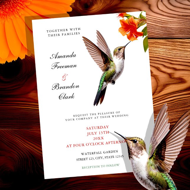 Chic Hummingbird and Orange Flower Wedding Invitation (Creator Uploaded)